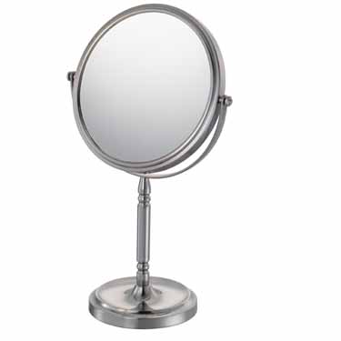 Round double-sided 5X/1X freestanding mirror with recessed base