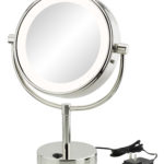 Double-sided 5X/1X LED lighted freestanding mirror