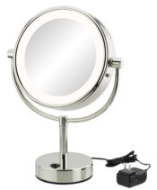 Double-sided 5X/1X LED lighted freestanding mirror